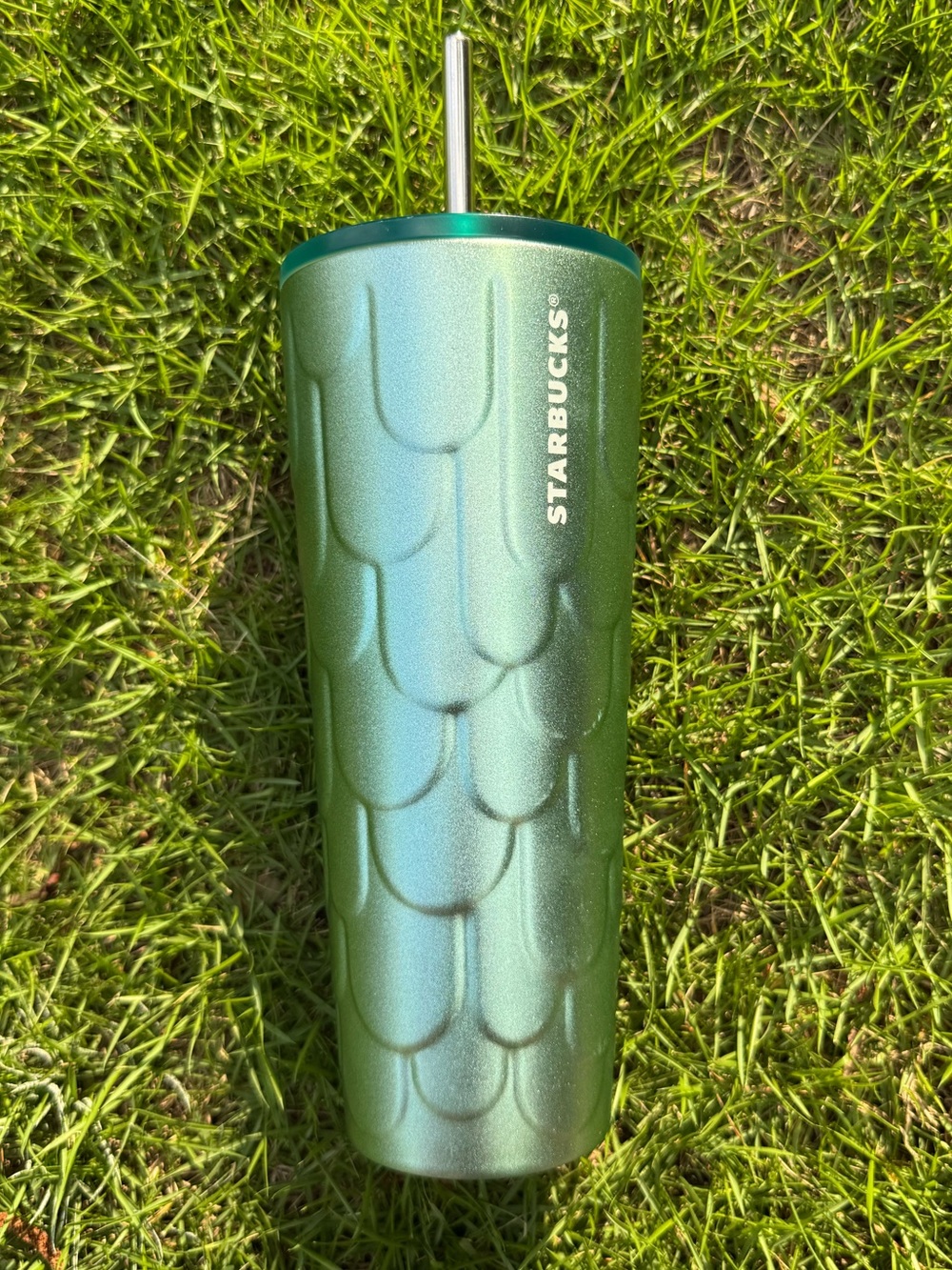 Starbucks Siren Mermaid metal 24oz tumbler with metal straw metallic green